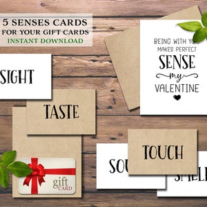 Porta-cartões-presente 5 Senses para o Dia dos Namorados. Cinco sentidos. Download instantâneo para impressão. Para ele, ela, marido, esposa, cônjuge, namorado.