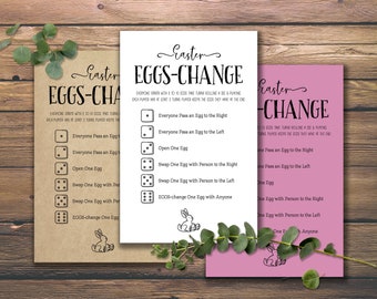 Easter EGGS-change Dice Game. Instant download printable. Fun party idea cards. Family activities Neighbor kids Easter egg swap. Easter hunt