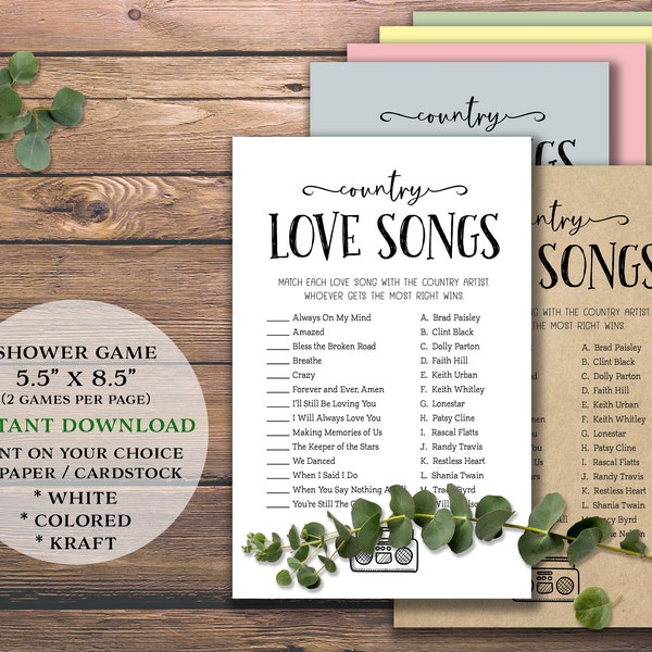 Country Love Songs. Bridal Shower Game. Instant download printable. For wedding, marriage, bride party. Rustic simple guessing music game.