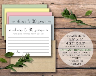 Cheers to 90 Years. Birthday Party Cards. Instant download printable. Share a favorite memory or a wish Sign. Ninety 90th Ninetieth bday.