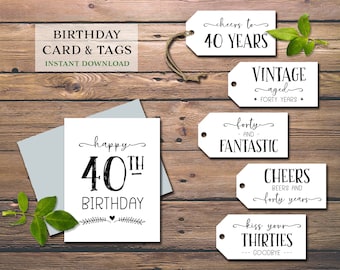 40th Birthday Card & Gift Tags. Instant download printable. Big 40 Milestone wine tags. Happy forty yr old bday party. Fortieth funny labels