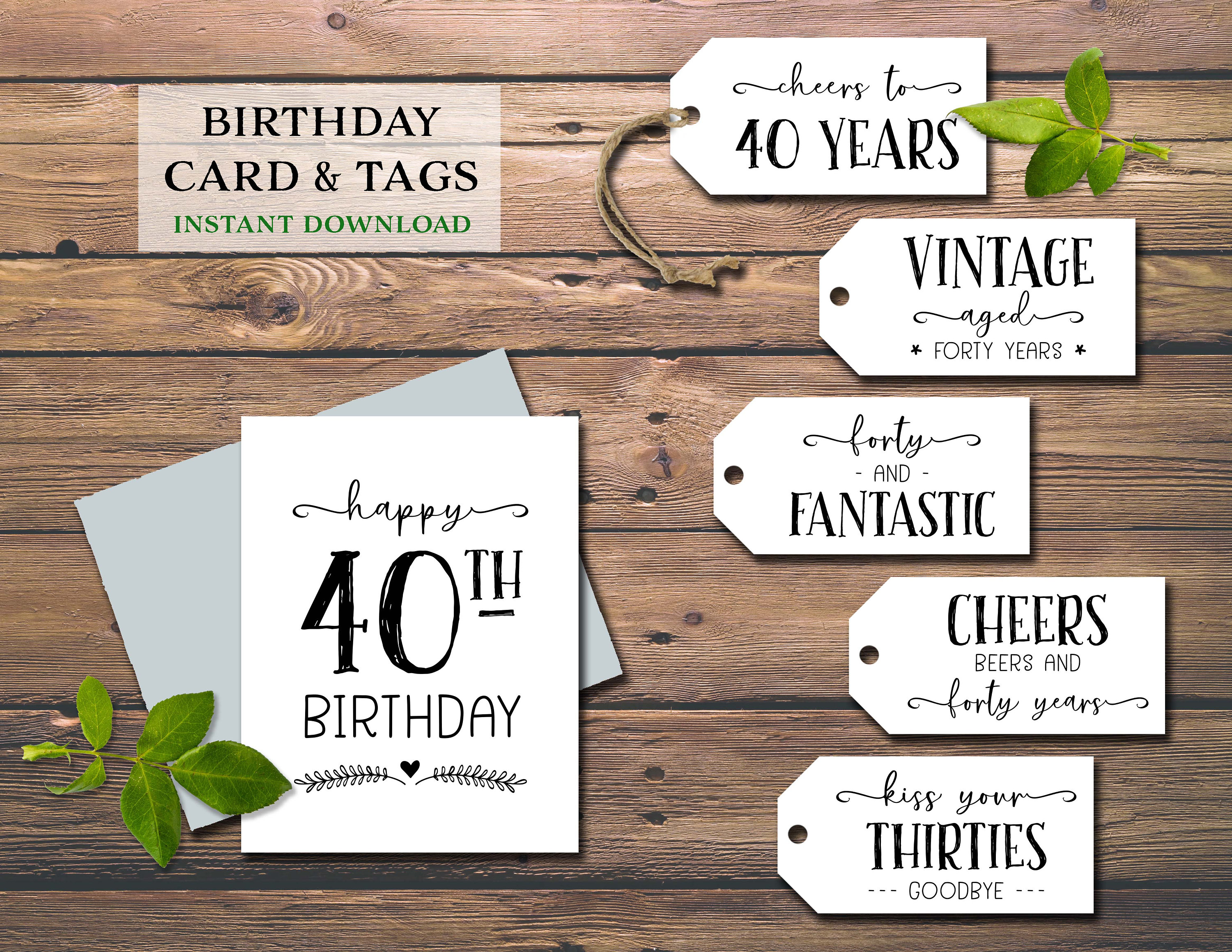 40th Birthday Card & Gift Tags. Instant download printable. Big 40 Milestone wine tags. Happy forty yr old bday party. Fortieth funny labels