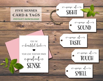 Etiquetas y tarjetas de regalo 5 Sentidos. Regalo de despedida de soltera Five Senses. Descarga instantánea imprimible. Idea de regalo para despedida de soltera y boda de novia.