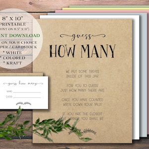 Guess How Many. Instant download printable. Bridal Shower game. Baby Shower game Rustic simple guessing. Candy in jar. Christmas party.