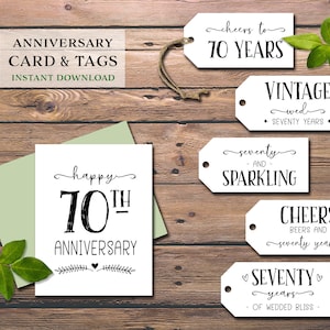 Cartão de aniversário de 70 anos e etiquetas para presentes. Download instantâneo para impressão. 70 etiquetas de vinho Milestone. Feliz festa de setenta anos de casamento. Etiquetas engraçadas.