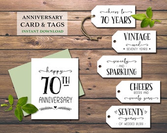 70th Anniversary Card & Gift Tags. Instant download printable. 70 Milestone wine tags. Happy seventy wedding years party. Funny labels.