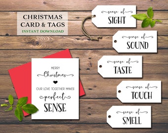 5 Senses Gift Tags & Card. Five Senses - Christmas gift. Instant download printable. For him, her, husband, wife, spouse. Holiday greeting.