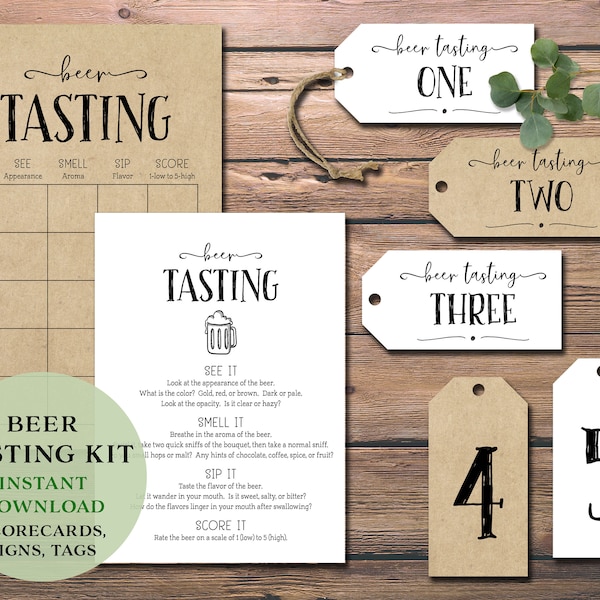 Beer Tasting Party Kit. Instant download printable. Score card, place mat, labels tags, card flight bundle. Guys Night, bachelor, date night