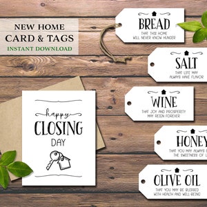 Cartão e etiquetas Happy Closeing Day. Pão, Sal, Vinho. Ideia de cesta de presente para inauguração de casa. Download instantâneo para impressão. Nova casa. Agente imobiliário.