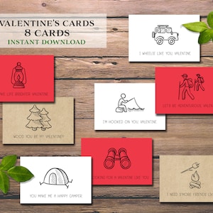 Tarjetas de San Valentín del campamento. Descarga instantánea de bricolaje imprimible. Etiquetas del Día de San Valentín en el aula escolar para niños. Camping, senderismo, s'mores, tienda de campaña, árboles.