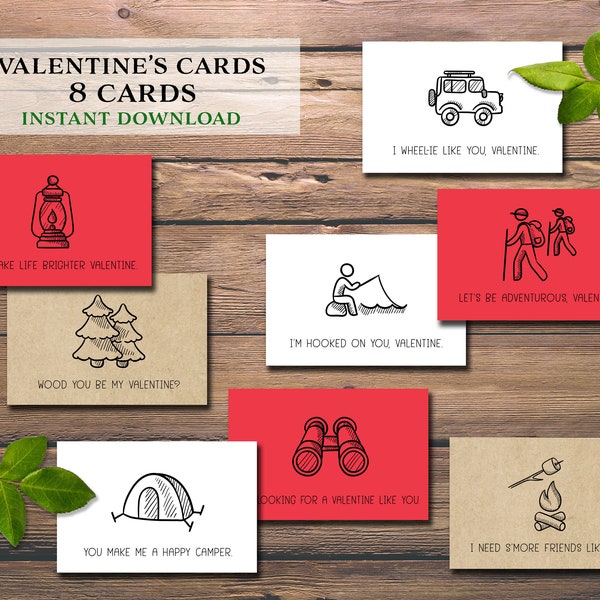 Camp Valentine Cards. DIY Instant download printable. School classroom Valentine's Day tags for kids. Camping, hiking, s'mores, tent, trees.