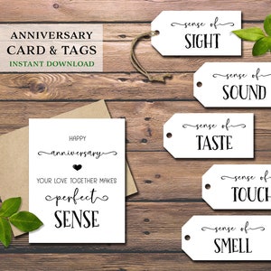 5 Senses-cadeaukaartjes en -kaart. Five Senses - Huwelijksverjaardagscadeau. Instant download afdrukbaar. Voor ouders, koppels, getrouwde kinderen.