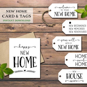 Étiquettes et carte Happy New Home. Idée de panier-cadeau de pendaison de crémaillère. Téléchargement instantané imprimable. Propriétaire de maison. Voisin. Immobilier. Étiquettes de vin.