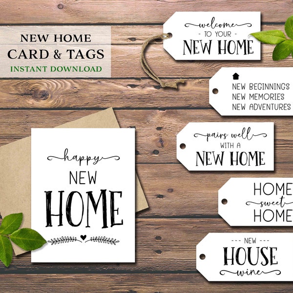 Tag e carta Happy New Home. Idea per un cesto regalo per l'inaugurazione della casa. Download immediato stampabile. Proprietario di casa. Vicino. Immobiliare. Etichette di vino.