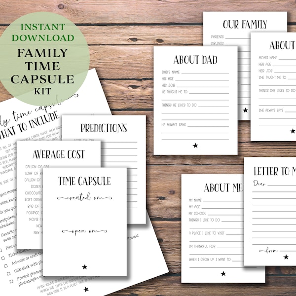 Family Time Capsule. Instant download printable. Kids activities. Christmas gift idea cards. Children's holiday fun project. Homeschooling.