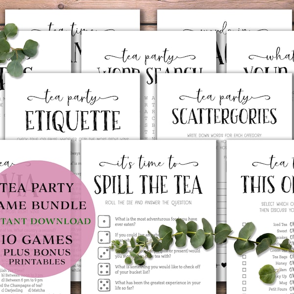 Tea Party Games Bundle. Instant download printable. Trivia, Etiquette, Tea Time This or That, Spill the Tea, Tea Types, Scattergories.