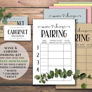 May include: Printable wine and cheese pairing kit with scorecards, signs, and tags. The kit includes a printable scorecard with sections for wine, cheese, pairing notes, and a score. The kit is available in white, colored, and kraft paper.