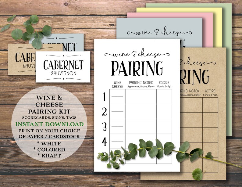 May include: Printable wine and cheese pairing kit with scorecards, signs, and tags. The kit includes a printable scorecard with sections for wine, cheese, pairing notes, and a score. The kit is available in white, colored, and kraft paper.