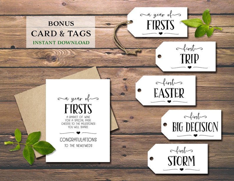 Marriage Milestone wine gift tags. Instant download printable. Rustic wedding firsts gift for bride groom. Bridal shower cards. Wine labels. image 2