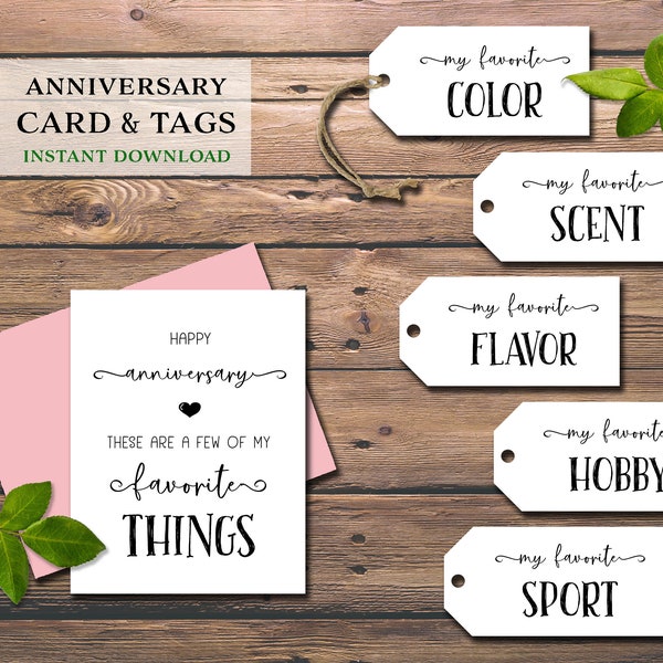 My Favorite Things gift tags & card. Anniversary gift. Instant download printable. For him, her, husband, wife, spouse. 1st 10th 25th.