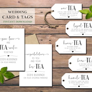 Cartão TEA de casamento e etiquetas para presentes. Download instantâneo para impressão. Etiquetas de presente de casamento chiques rústicas para casal. Chá de panela. Com versículo bíblico.