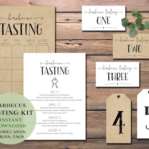 May include: Printable barbecue tasting kit with scorecards, signs, and tags. The kit includes a scorecard with categories for appearance, aroma, flavor, and score. The signs and tags are numbered 1 through 5.