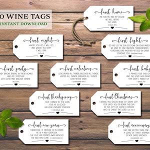 Etiquetas para presentes de vinho do marco do casamento. Download instantâneo para impressão. Presente de casamento rústico chique para casal. Cartões de chá de panela. Versículo bíblico.