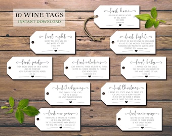 Marriage Milestone wine gift tags. Instant download printable. Rustic chic wedding firsts gift for couple. Bridal shower cards. Bible verse.