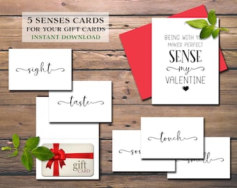 Valentinstag 5 Sinne Geschenkkartenhalter. Sofortiger Download zum Ausdrucken. Fünf für ihn, sie, Ehemann, Ehefrau, Ehepartner, Freund, Freundin.