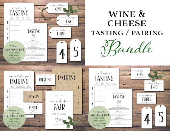 Wine & Cheese Tasting - Pairing Bundle. Instant download printable. Party kit. Score card, sign, tags. Girls Night, bachelorette, date night