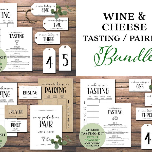 Wine & Cheese Tasting - Pairing Bundle. Instant download printable. Party kit. Score card, sign, tags. Girls Night, bachelorette, date night