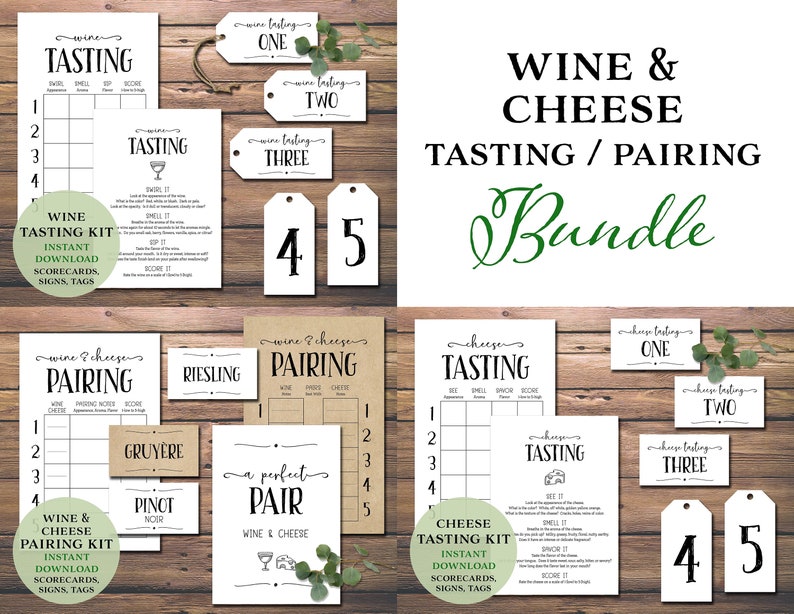 May include: Printable wine and cheese tasting and pairing bundle with scorecards, signs, and tags. The bundle includes a wine tasting sheet, a cheese tasting sheet, a wine and cheese pairing sheet, and number tags.