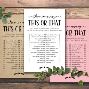 Puede incluir: Un juego imprimible de "Esto o aquello" para parejas que celebran un aniversario. El juego presenta una lista de preguntas con dos opciones para cada pregunta. El juego est&aacute; impreso en papel blanco, marr&oacute;n y rosa.