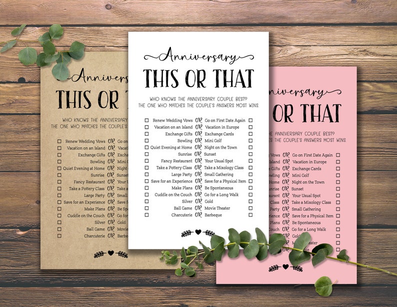 Puede incluir: Un juego imprimible de "Esto o aquello" para parejas que celebran un aniversario. El juego presenta una lista de preguntas con dos opciones para cada pregunta. El juego est&aacute; impreso en papel blanco, marr&oacute;n y rosa.