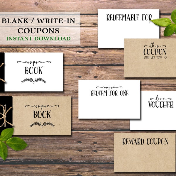 Blank Coupons. Write in your own Coupon Book. Instant download DIY printable. Christmas Birthday Anniversary Valentine's Day gift. Reward.