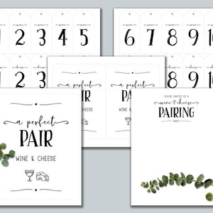 May include: A printable set of black and white wine and cheese pairing party invitations. The invitation features the text "You're invited to a wine & cheese pairing party". There are also printable tags with numbers 1 through 10.