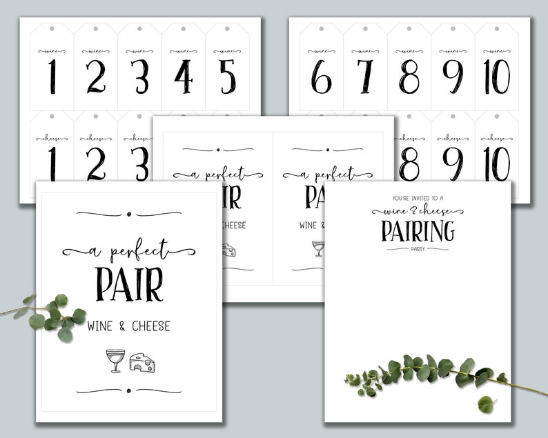 May include: A printable set of black and white wine and cheese pairing party invitations. The invitation features the text "You're invited to a wine & cheese pairing party". There are also printable tags with numbers 1 through 10.