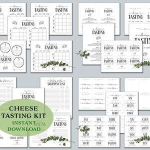 May include: Printable black and white cheese tasting party kit with a green eucalyptus leaf background. The kit includes a cheese tasting scorecard, a shopping list, and a set of numbered cards for each cheese.