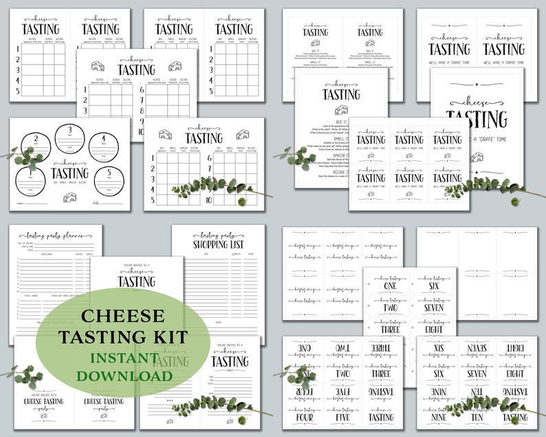 May include: Printable black and white cheese tasting party kit with a green eucalyptus leaf background. The kit includes a cheese tasting scorecard, a shopping list, and a set of numbered cards for each cheese.