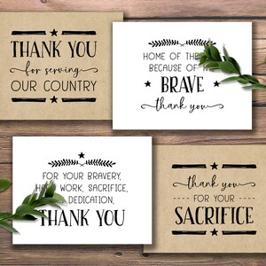 Bedankt voor de servicekaarten. Patriottische cadeaukaartjes. Directe download afdrukbaar. Waarderingsbriefjes voor het dienende land. Gratis moedig offer.