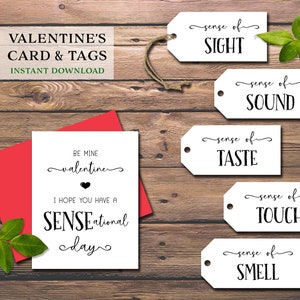 Etiquetas y tarjetas de regalo de San Valentín 5 Sentidos. Cinco sentidos. Descarga instantánea imprimible. Para él, ella, marido, esposa, cónyuge, novio, novia.