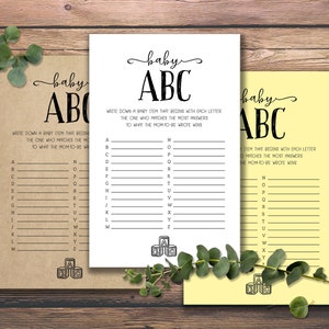 Baby ABC. Baby Shower Game. Instant download printable. For mom, mom-to-be, mommy, new parents, couples shower. Rustic simple guessing game.