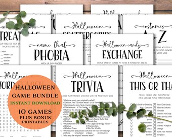 Paquete de juegos de fiesta de Halloween. Descarga instantánea imprimible. Trivia, Charadas. Intercambio de dulces. Nombra eso Fobia. Esta o aquella. Dispersiones.