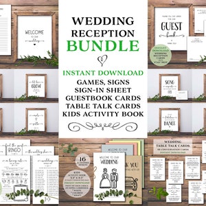 Hochzeitsempfang Spiel Bundle. Sofortiger Download zum Ausdrucken. Brautpaket: Schilder, Tischgesprächskarten, Date Night Ideen, Aktivitäten für Kinder.