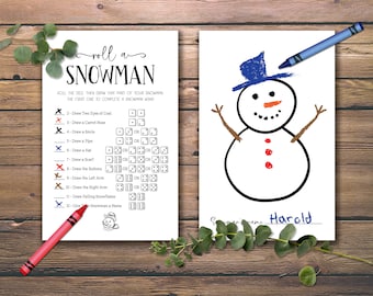 Roll a Snowman Dice Game. Instant download printable. Christmas coloring sheets. Family tradition. Kids activity. Fun game night party idea.