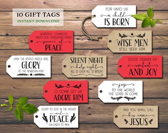 Kerstcadeaulabels. Christelijk lied en bijbeltekst. Directe download afdrukbaar. Rustieke bedanklabels voor cadeaus. Inpakkaart voor de feestdagen