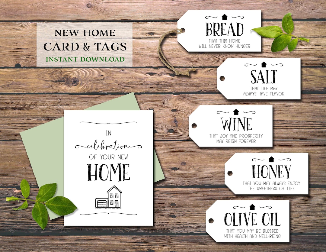 New Home Card & Tags. Bread Salt Wine. Housewarming Gift Basket Idea