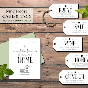 Nuova carta e tag per la casa. Pane, sale, vino. Idea per cesto regalo di inaugurazione della casa. Download immediato stampabile. Proprietario di casa. Celebrazione. Tradizionale.