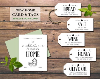 New Home card & tags. Bread Salt Wine. Housewarming gift basket idea. Instant download printable. House owner. Celebration. Traditional.