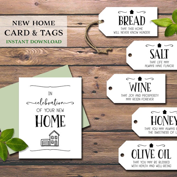 New Home card & tags. Bread Salt Wine. Housewarming gift basket idea. Instant download printable. House owner. Celebration. Traditional.